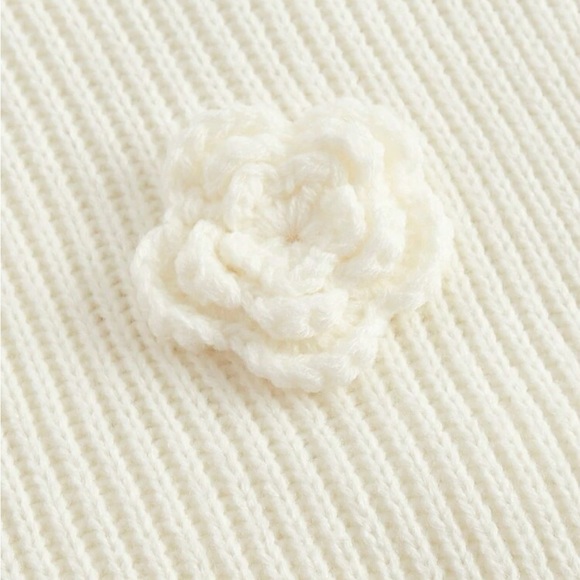 Pink Mock Neck 3D rosette Stereo Flower Ribbed Knit Top - stretchy - Picture 3 of 3